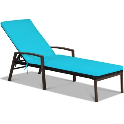 Costway Patio Rattan Lounge Chaise Recliner With Back Adjustable Cushioned-turquoise In Blue