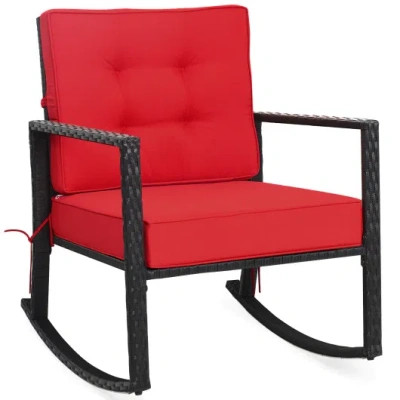 Costway Patio Rattan Rocker Outdoor Glider Rocking Chair Cushion Lawn-red