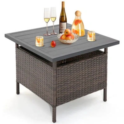 Costway Patio Square Wicker Side Table With Umbrella Hole For Yard Garden Poolside In Gray