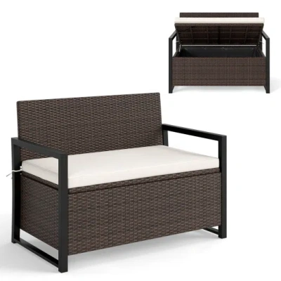 Costway Patio Storage Bench-mix Brown And Off White