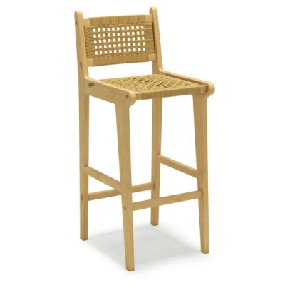 Costway Patio Teak Wood Bar Stool With Rattan Backrest And Seat In Brown