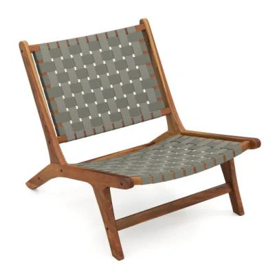 Costway Patio Teak Wood Chair Outdoor Mid-century Accent Chair With Nylon Webbing Seat In Green