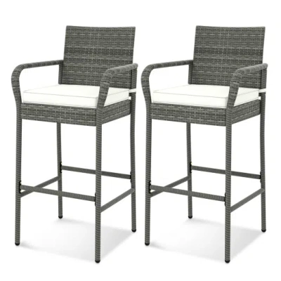 Costway Patio Wicker Barstools With Armrests And Soft Cushions For Porch Backyard Set Of 2 In Gray