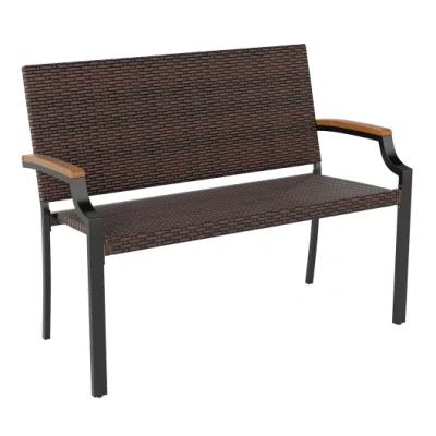 Costway Patio Wicker Loveseat Chair With Acacia Wood Armrests And Metal Frame In Brown
