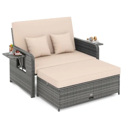 Costway Patio Wicker Loveseat Sofa With Multipurpose Ottoman And Retractable Side Tray-beige
