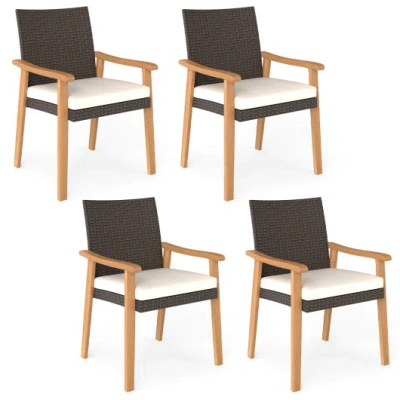 Costway Pe Rattan Outdoor Patio Dining Chair Set Of 4 With Removable Cushion And Acacia Wood Armrests-white In Gray