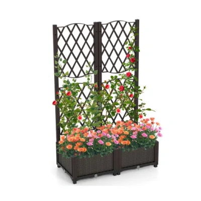 Costway Pe Rattan Raised Garden Bed With Trellis Planter Box For Climbing Plants-brown In Gray