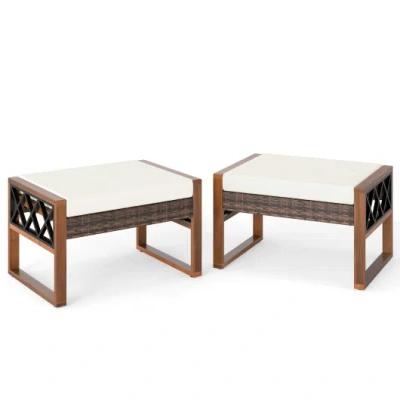 Costway Pe Rattan Wicker Ottomans Set Of 2 With Removable Cushions-beige In Multi
