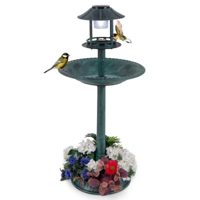Costway Pedestal Bird Bath With Solar Light With Bird Feeder And Flower Planter-green In Multi