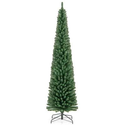 Costway Pencil Christmas Tree With Memory Wire Branch Tips And Warm Led Lights-8ft In Green