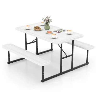 Costway Picnic Table Bench Set For 2-4 People Outdoor Rectangular Camping Dining Table-white In Multi