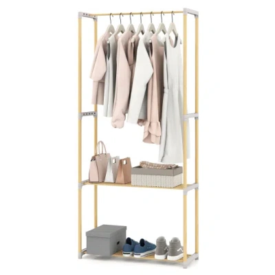 Costway Pine Wood Clothes Rack With 2-tier Open Storage Shelf For Hanging Clothes-gray In Brown