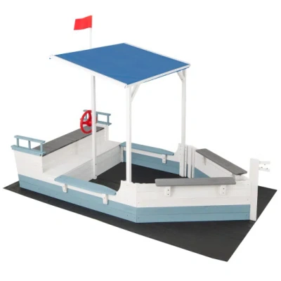 Costway Pirate Ship Sandbox With Canopy With Bench Seats And Bottom Liner-white In Multi