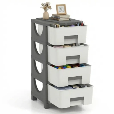Costway Plastic Storage Organizer With Compact Drawer Cabinet Side Table For Bedroom-gray In Multi
