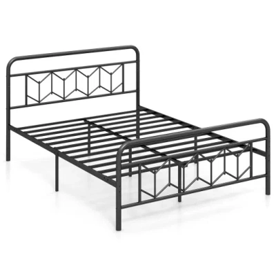 Costway Platform Bed With High Headboard And Snap Lock Metal Slats-queen Size In Black