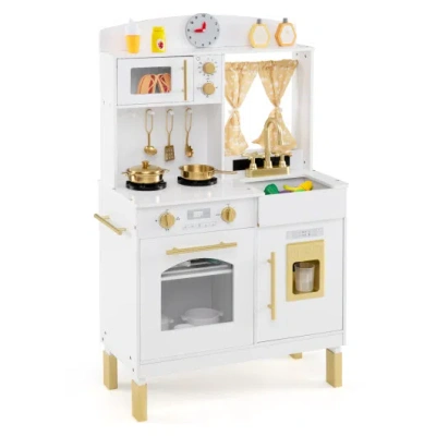 Costway Play Kitchen For Kids Wooden Chef Pretend Playset With 3 Adjustable Heights Microwave-gold In Neutral