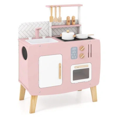 Costway Play Kitchen For Kids Wooden Kitchen Playset With Stoves Sink Faucet And Oven In Pink