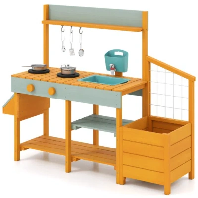 Costway Play Kitchen For Kids Wooden Toy Kitchen Playset Pretend Mud Kitchen-yellow In Brown