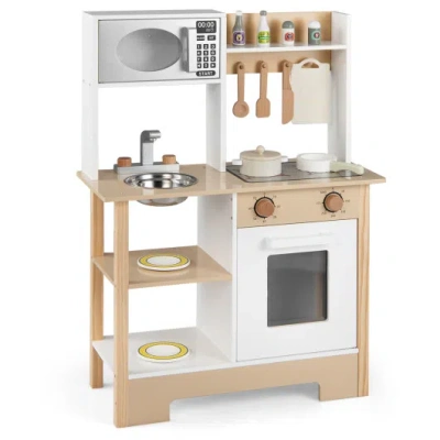 Costway Play Kitchen Wooden Toy Kitchen Playset With Chalkboard Birthday Gift For Kids Aged 3 +-white In Brown