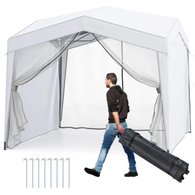 Costway Pop Up Canopy Tent Wiht 4 Sidewalls Mesh Netting Wheeled Bag-white In Gray