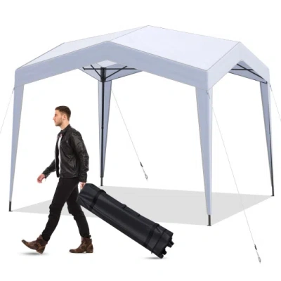 Costway Pop Up Canopy Tent With Portable Wheeled Bag 8 Stakes 4 Wind Ropes-white In Blue