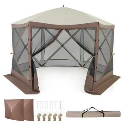 Costway Pop-up Gazebo 6-sided Instant Setup Screen House Hub Tent With Mesh Netting Walls-coffee In Multi