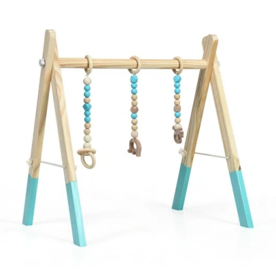 Costway Portable 3 Wooden Newborn Baby Exercise Activity Gym Teething Toys Hanging Bar-blue In Brown