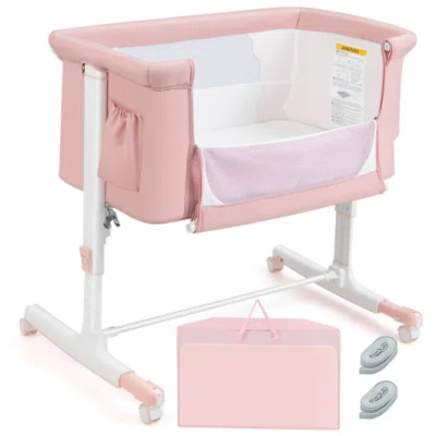 Costway Portable Baby Bedside Bassinet With 5-level Adjustable Heights And Travel Bag-pink