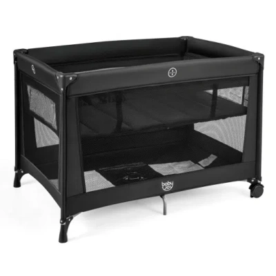 Costway Portable Baby Playard Folding Travel Crib For Infants With Soft Mattress-black