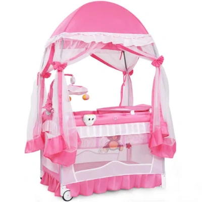 Costway Portable Baby Playpen Crib Cradle With Carring Bag-pink