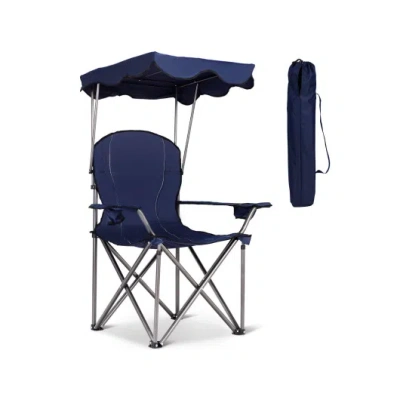 Costway Portable Folding Beach Canopy Chair With Cup Holders-blue