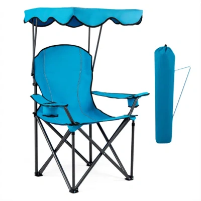 Costway Portable Folding Beach Canopy Chair With Cup Holders-light Blue