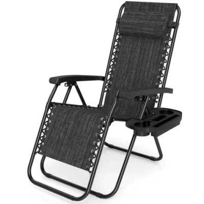 Costway Portable Zero Gravity Chairs With Cup Holder Trays And Backrest-gray In Black