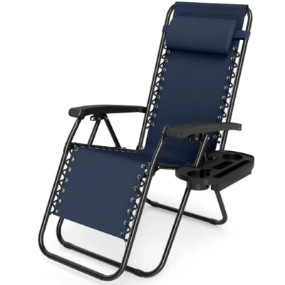 Costway Portable Zero Gravity Chairs With Cup Holder Trays And Backrest-navy In Blue