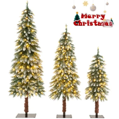 Costway Pre-lit Christmas Tree Set Of 3 - Snowy And Slim In Green
