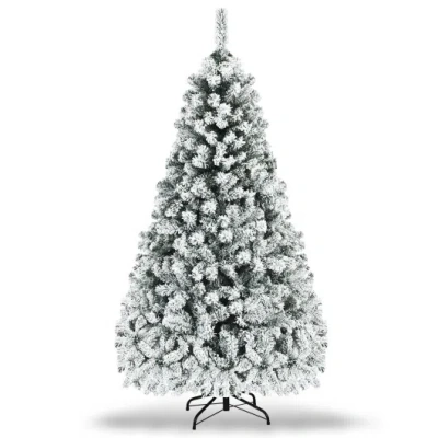 Costway Pre-lit Premium Snow Flocked Hinged Artificial Christmas Tree-6 Ft In Green