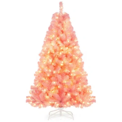 Costway Pre-lit Tinsel Christmas Tree Artificial Xmas Tree With Lush Branch Tips Holiday Decoration-6ft In Pink