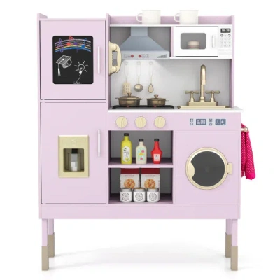 Costway Pretend Play Kitchen Toy Kitchen Playset With Range Hood Ice Maker And Telephone-light Pink