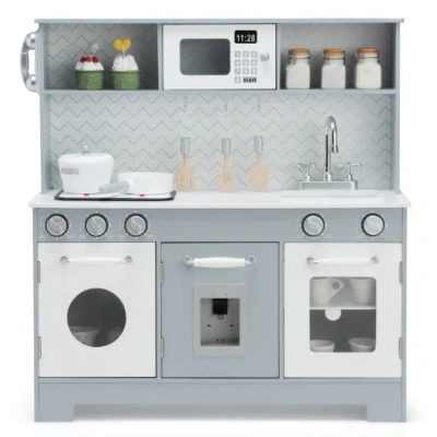 Costway Pretend Play Kitchen Wooden Toy Set For Kids With Realistic Light And Sound In Silver