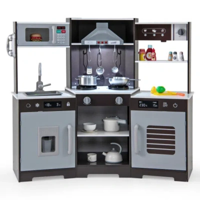 Costway Pretend Play Kitchen Wooden Toy Set With Range Hood Real Sounds And Lights-brown In Black