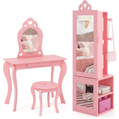 Costway Princess Vanity Table And Stool Set Freestanding Jewelry Cabinet Armoire With Full-length Mirror-pin In Pink