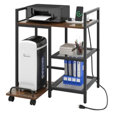 Costway Printer Stand With Charging Station And Storage Shelves-rustic Brown In Black
