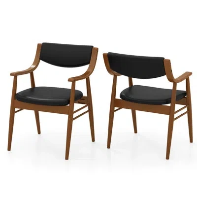 Costway Pu Leather Dining Chair Set Of 2 With Padded Seat & Back Armrests Rubber Wood Frame In Jv12189wn