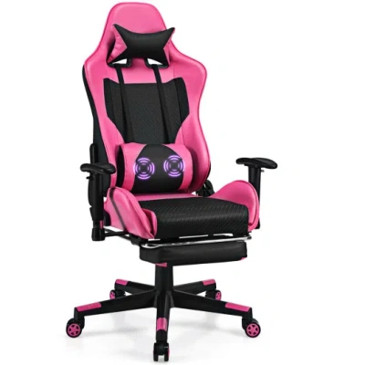 Costway Pu Leather Gaming Chair With Usb Massage Lumbar Pillow And Footrest -pink