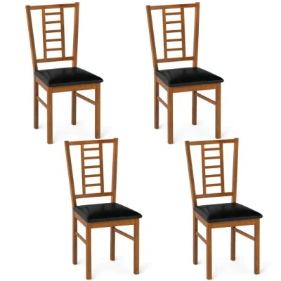 Costway Pu Leather Upholstered Wood Dining Chairs Set Of 4-walnut In Black