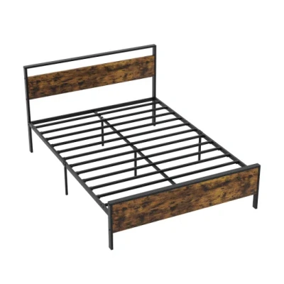Costway Queen Metal Bed Frame Industrial Platform Bed With Wooden Headboard-queen Size In Brown