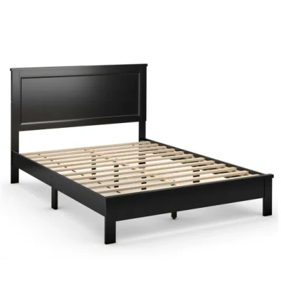 Costway Queen Size Bed Frame Platform Slat High Headboard Bedroom With Rubber Wood Leg-black In Multi