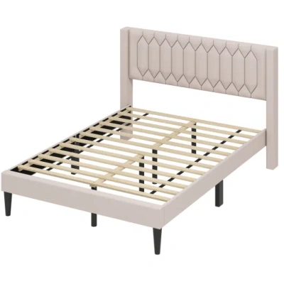 Costway Queen Size Dutch Velvet/linen Fabric Upholstered Platform Bed With Wingback Headboard And Wooden Sla In Neutral