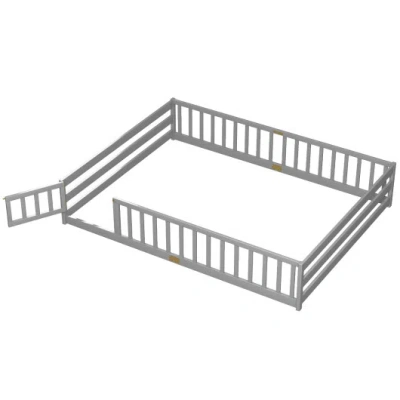 Costway Queen Size Floor Bed Kids Montessori Bed Frame With Full Length Safety Guardrails-gray In Multi