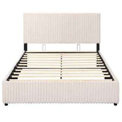 Costway Queen Size Lift-up Storage Bed With Wooden Slat Support-beige In White
